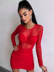 Detail of red sexy mesh patchwork dress with twist knot front and long sleeves