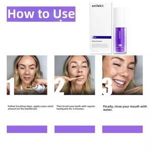 Three-step tutorial showing how to apply V34 purple color corrector for teeth whitening