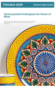 Detailed macro view of hand-painted Havana style ceramic plates with vibrant patterns