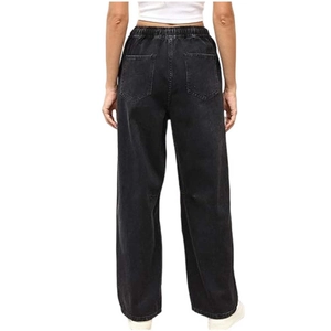 Rear view of black washed denim wide-leg jeans showing back pocket and loose fit detail