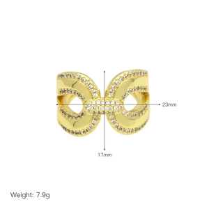 Detailed view of 18k gold plated ring with dimensions 23mm by 17mm and 7.9g weight
