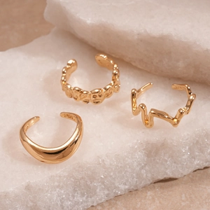 Three-piece gold S925 sterling silver ear cuff set with irregular wave and smiley designs