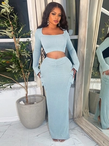 Women Ribbed Knit Crop Top And Long Skirt Matching Outfit Long Sleeve Round Neck Side Slit With Pocket Casual Slim Fit