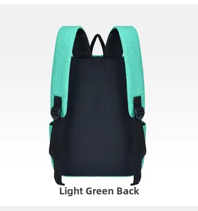 Rear view of lightweight light green backpack featuring wide black adjustable straps