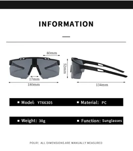 Detailed technical drawing showing dimensions and PC material specs of cycling sunglasses