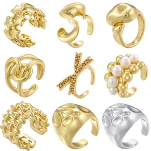 Geometric Irregular Brass Open Rings For Women Fashion Star Bow Twist Adjustable Jewelry Decorated With Imitation Artificial Pearl