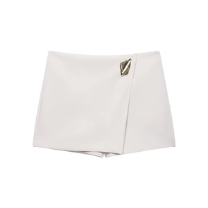 Fashionable asymmetric white skort for women with gold metal details and wrap design