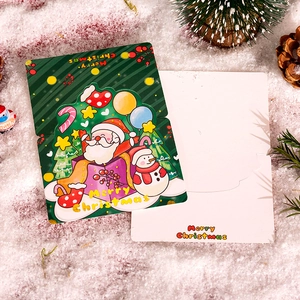 Carte de Noël 3D avec Père Noël et bonhomme de neige sur un décor de neige blanche