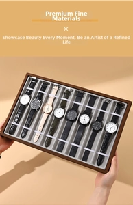 Black walnut wood watch display tray with 10 slots and soft grey velvet lining