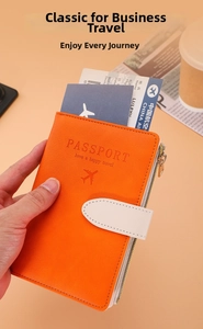 Orange RFID passport holder in PU leather featuring multi-functional slots and zipper pocket