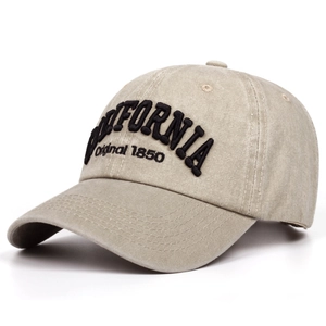 Close-up of California 1850 embroidery on washed khaki cotton twill baseball cap