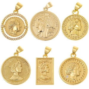Vintage Queen Head Coin Pendant Copper Gold Plated Retro Embossed Medallion Charm With Micro Pave Zircon