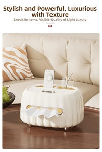Detail view of cream multi-functional tissue box with vertical ribbed texture and gold legs