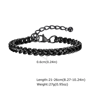 Detail view of 6mm black stainless steel dragon bone chain bracelet with size measurements