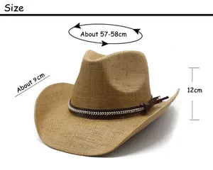 Size chart showing 57-58cm circumference and 9cm brim for the straw cowboy hat