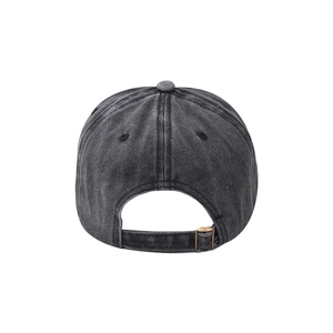Detail of grey washed cotton baseball cap showing adjustable metal buckle on the back