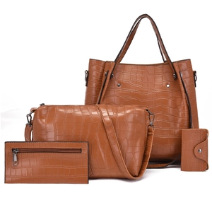 Brown crocodile pattern 4-piece handbag set including tote bag, purse and card holder