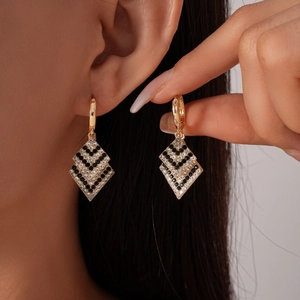 Geometric Rhombus Hoop Earrings Alloy With Pave Black White Rhinestones Stainless Steel Earring Post For Women Luxury