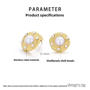Detailed specs of stainless steel round pearl earrings with textured gold sunburst edges