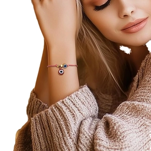 Handmade woven evil eye bracelet with red enamel charm and pearls for women