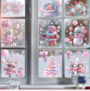 Pink Christmas window stickers set with Santa Claus and reindeer on glass background