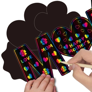 Mother's Day rainbow scratch art kit with MOM letters and heart shapes for kids DIY craft