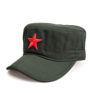 Detail of red star embroidery on army green cadet cap with durable canvas texture