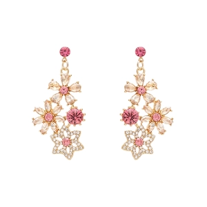 Vintage gold floral earrings with pink and clear crystals on a white background