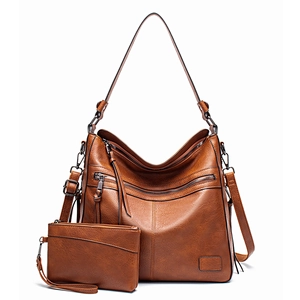 Brown faux leather 2-in-1 tote bag and clutch set with gold hardware on white background