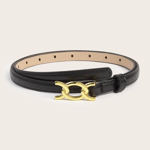 Detail of slim black leather belt featuring elegant gold double ring interlocking buckle