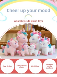 Close-up of rainbow unicorn plush toys in pink and white with colorful wings and mane