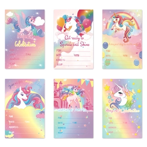Unicorn themed birthday party invitation cards set with magical celebration designs