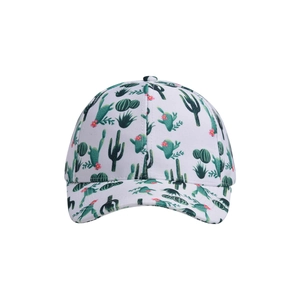 White baseball cap with green cactus and pink floral print in professional center view