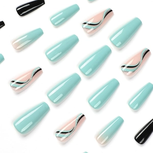 Long ballet press-on nails with mint green, black and silver wave line art designs