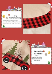 Detail of linen Christmas tree skirt with red plaid border and embroidered truck pattern
