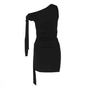 Detail of black one-shoulder slim dress with side tie design and pleated texture