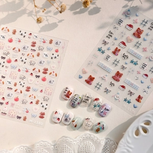 Autocollants nail art mignons chiot et ours M-1178 avec graffiti argenté mat