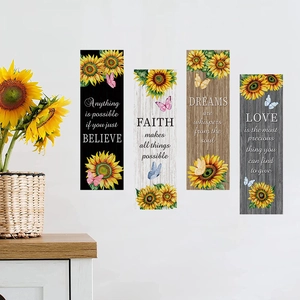 Lot de 4 stickers muraux tournesol avec citations inspirantes sur texture bois