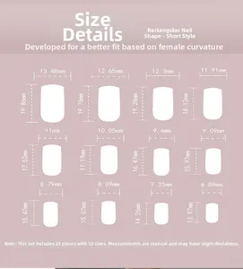 Size chart for 24-piece short square press on nails showing 12 detailed nail dimensions