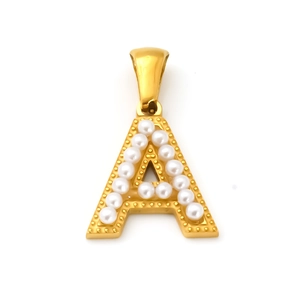 18k gold plated stainless steel letter A pendant with inlaid white pearls on white background