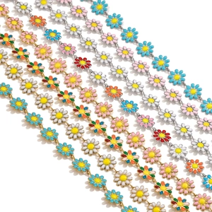 Colorful daisy chain necklaces in stainless steel with enamel flower link charms