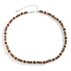 Bohemian style wood bead necklace for men featuring brown and cream beads with silver clasp
