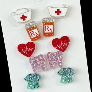 Medical Theme Stud Earrings Glitter Acrylic Nurse Hat Tooth Rx Bottle Heartbeat Jewelry For Women Nurse Doctor Gifts