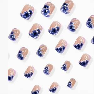 24pcs short square round press-on nails with nude pink base and blue floral patterns