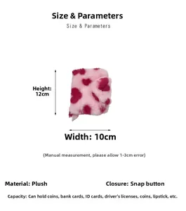 Detailed size view of pink plush coin purse with heart pattern and snap button