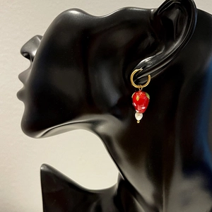 French retro strawberry earrings with freshwater pearls and gold titanium hoops