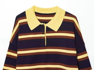 Close-up of polo collar and navy brown striped long sleeve knitted sweater details