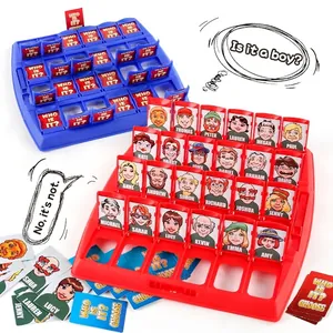 Classic Who Is It tabletop puzzle board game set with red and blue flip card trays