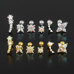 Colorful zircon geometric stud earrings in star, butterfly, and heart shapes with gold finish