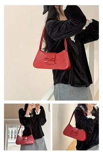 Detailed multi-angle views of a red matte baguette bag with bow knot on a model